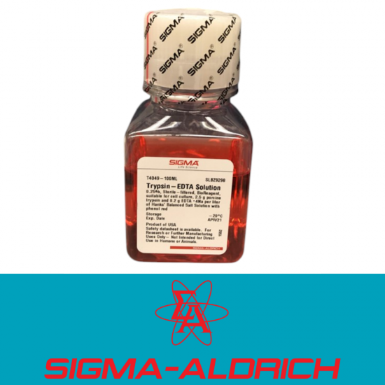Sigma-Aldrich T4049-100ML .25% TRYPSIN-EDTA SOLUTION, 0.25%, STERILE-FILTERED, BIOREAGENT, SUITABLE FOR CELL CULTURE, 2.5 G PORCINE TRYPSIN AND 0.2 G EDTA, 4NA PER LITER OF HANKS′ BALANCED SALT SOLUTION WITH PHENOL RED Sigma-Aldrich T4049-100ML .25% TRYPSIN-EDTA SOLUTION, 0.25%, STERILE-FILTERED, BIOREAGENT, SUITABLE FOR CELL CULTURE, 2.5 G PORCINE TRYPSIN AND 0.2 G EDTA, 4NA PER LITER OF HANKS′ BALANCED SALT SOLUTION WITH PHENOL RED